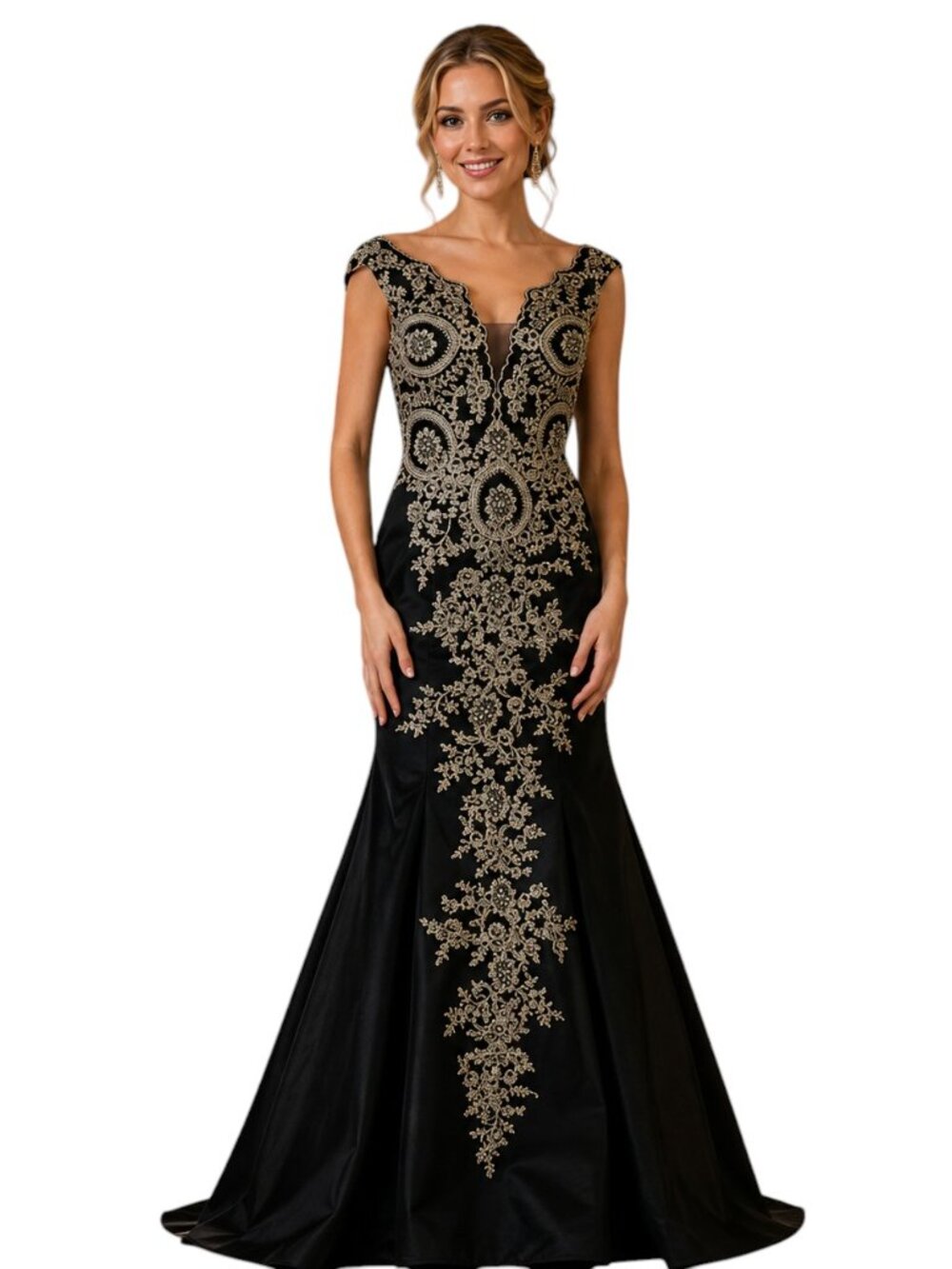 Royal Quueen Black & Gold Embellished Sleeveless V-Neck Gown, US6